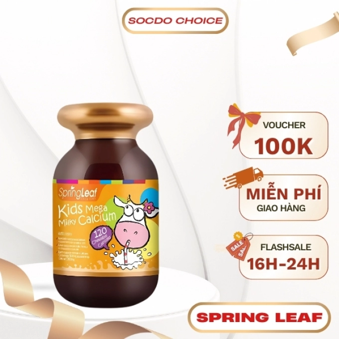 Kids Mega Milky Calcium L/60v SPRING LEAF Canxi sữa hỗ trợ xương răng chắc khỏe trẻ em