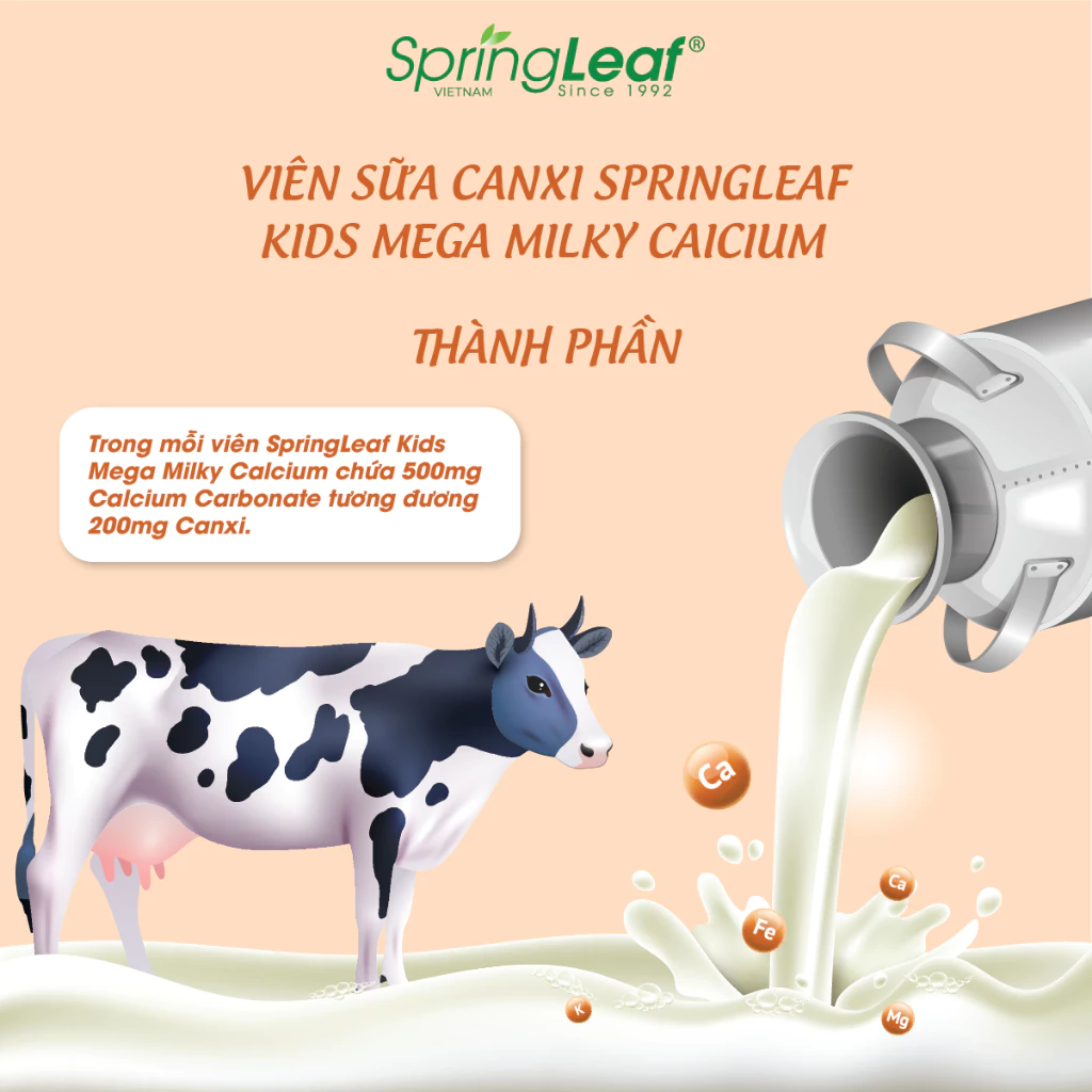 Kids Mega Milky Calcium L/60v SPRING LEAF Canxi sữa hỗ trợ xương răng chắc khỏe trẻ em