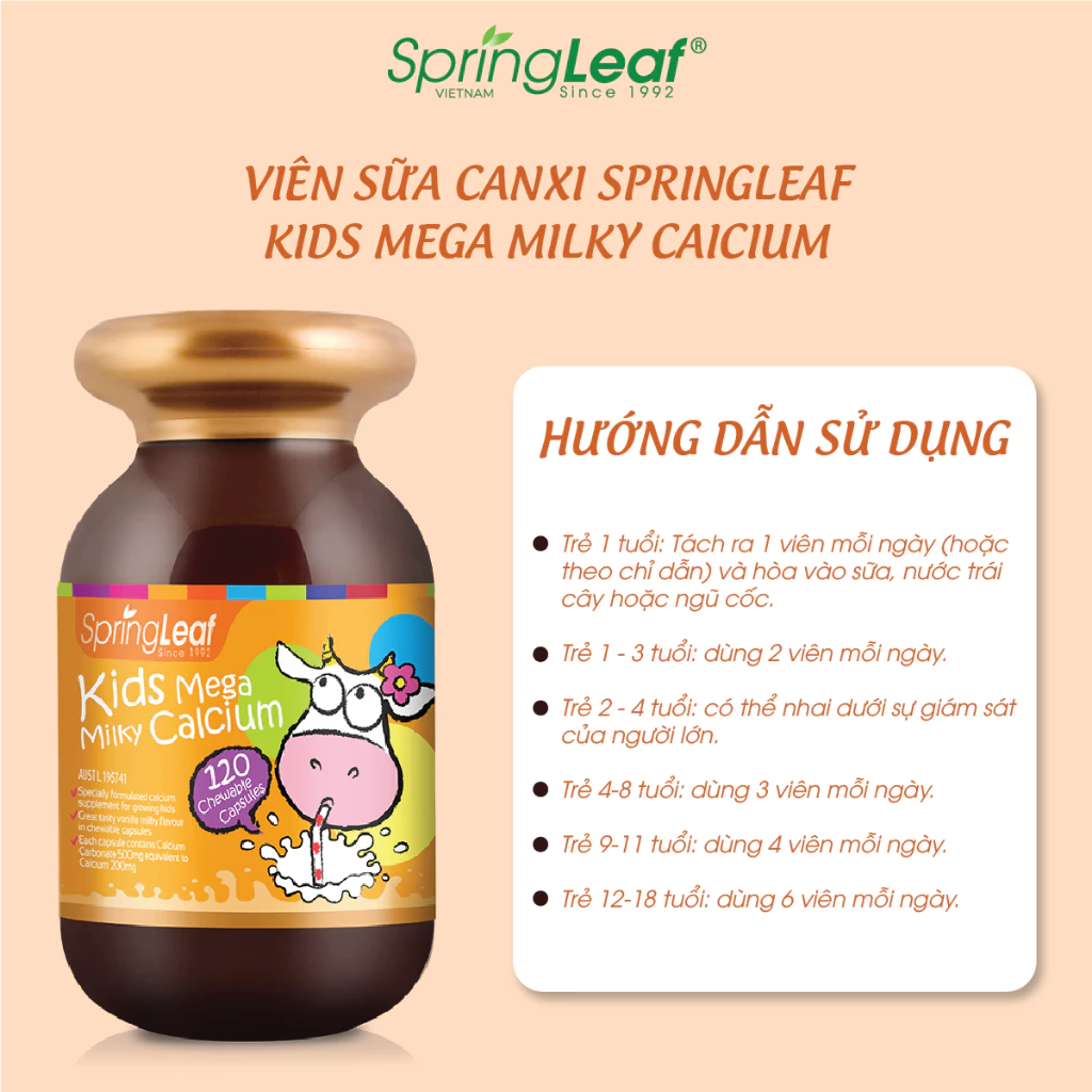 Kids Mega Milky Calcium L/60v SPRING LEAF Canxi sữa hỗ trợ xương răng chắc khỏe trẻ em