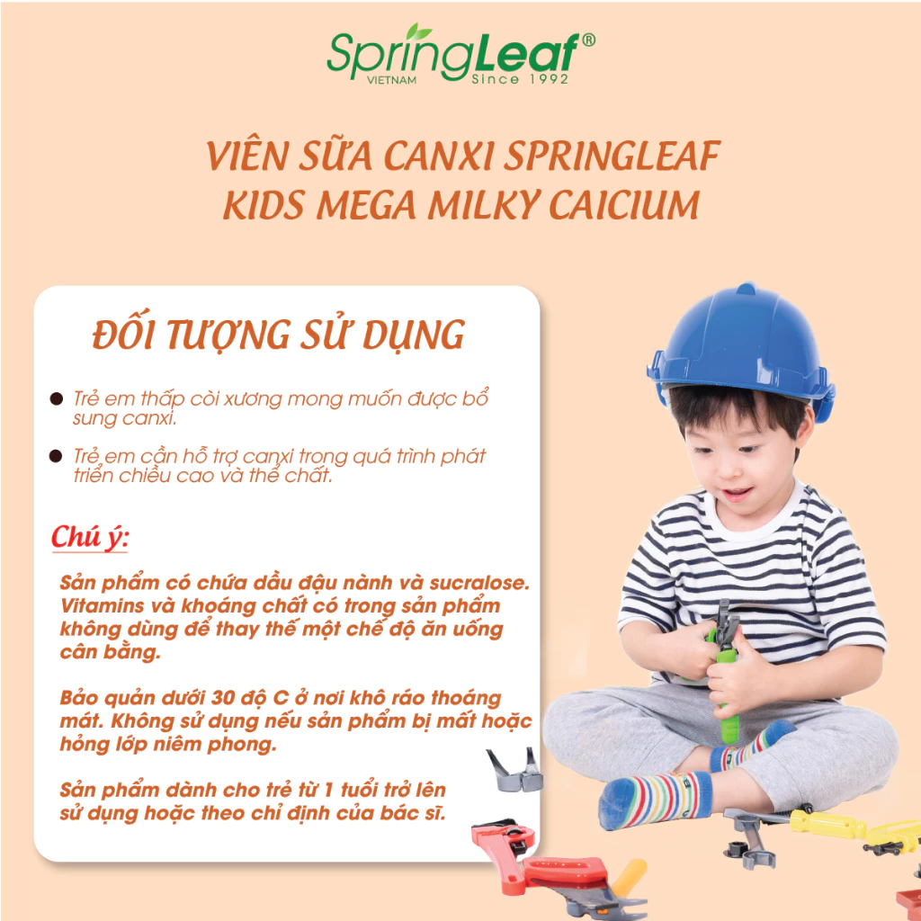 Kids Mega Milky Calcium L/60v SPRING LEAF Canxi sữa hỗ trợ xương răng chắc khỏe trẻ em