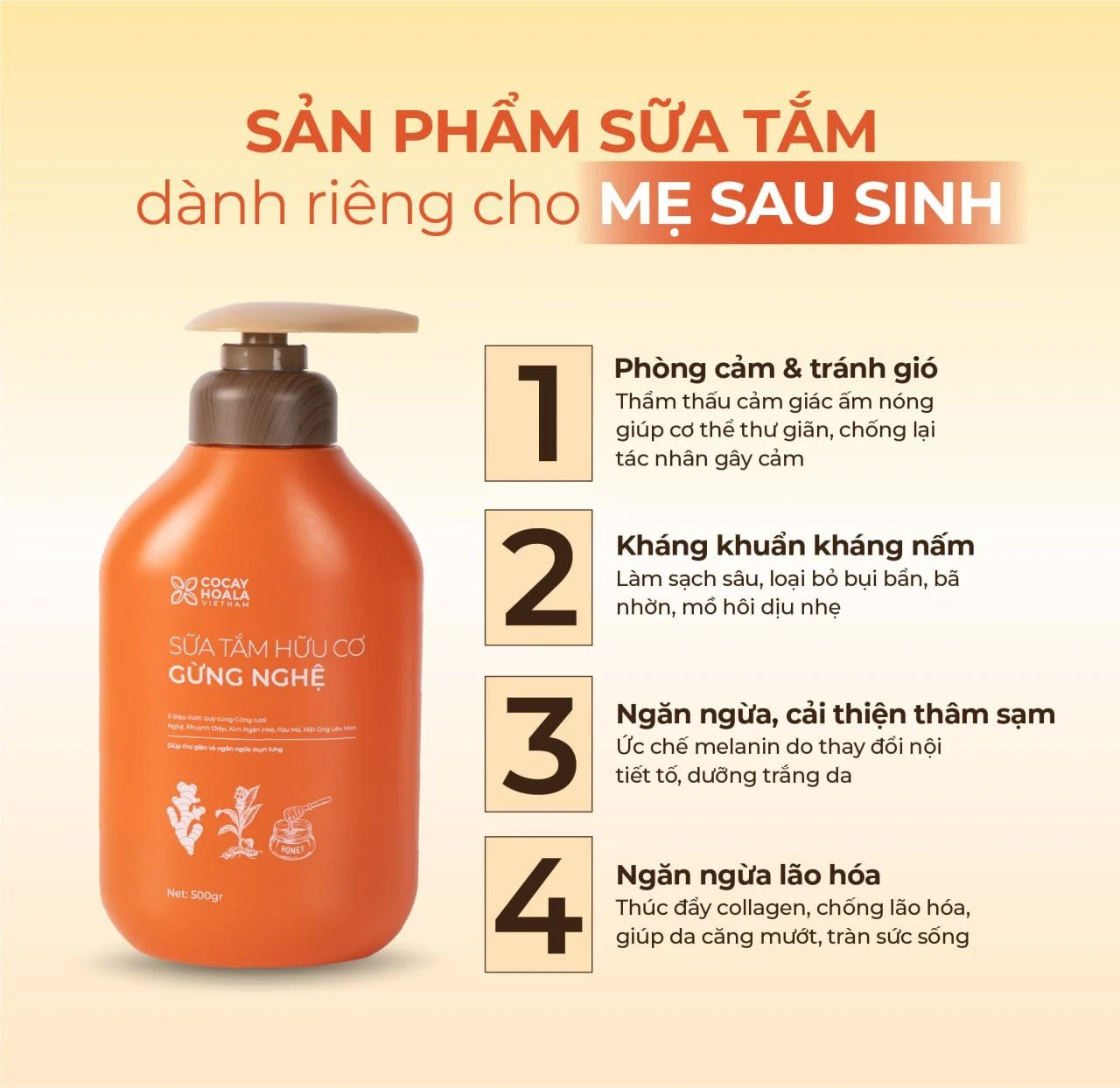 Sữa Tắm Gừng Nghệ Thảo Dược 500g Cỏ Cây Hoa Lá